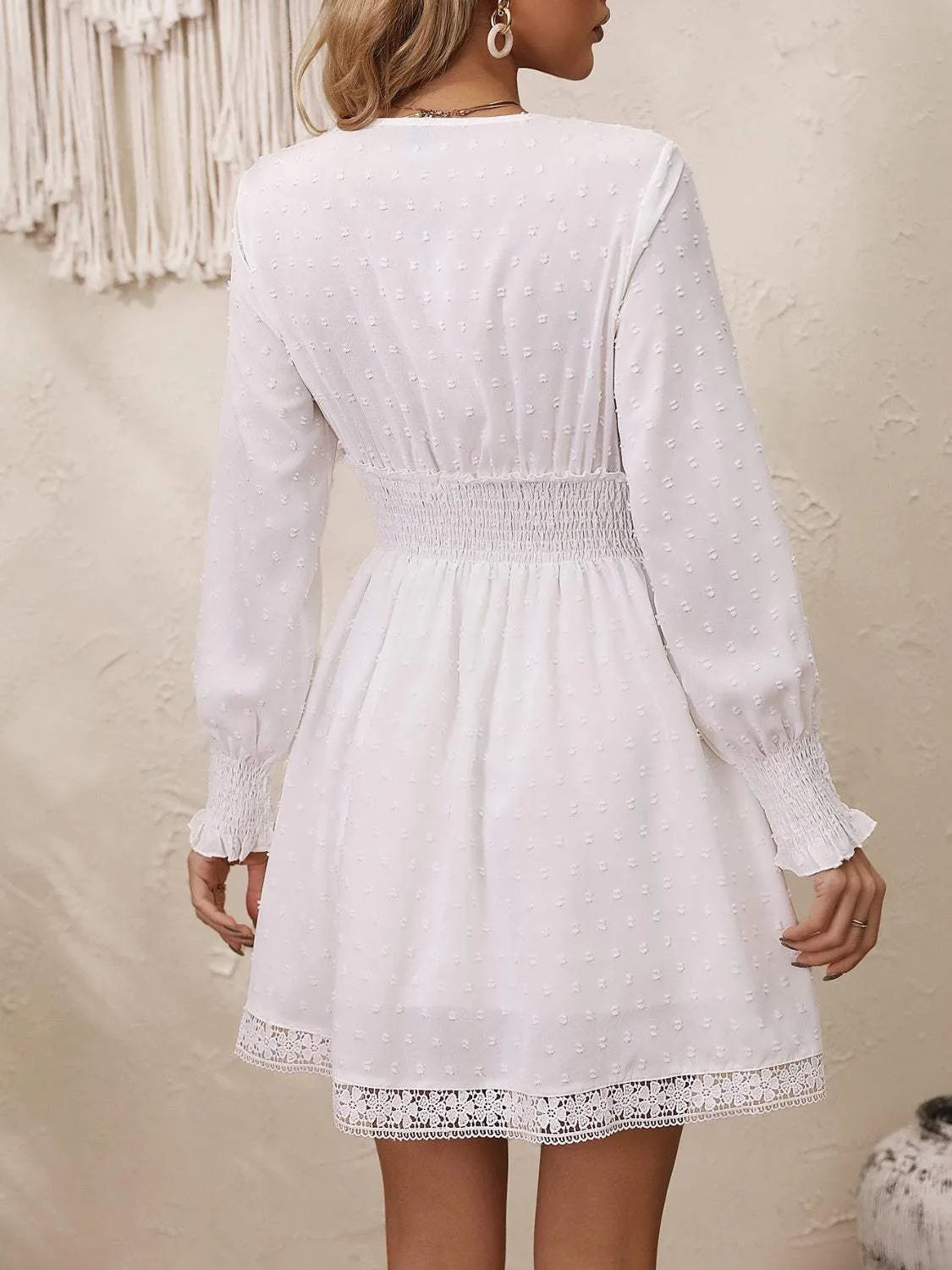 Lace Detail V-Neck Long Sleeve Dress Casual Dresses - Tophatter Daily Deals